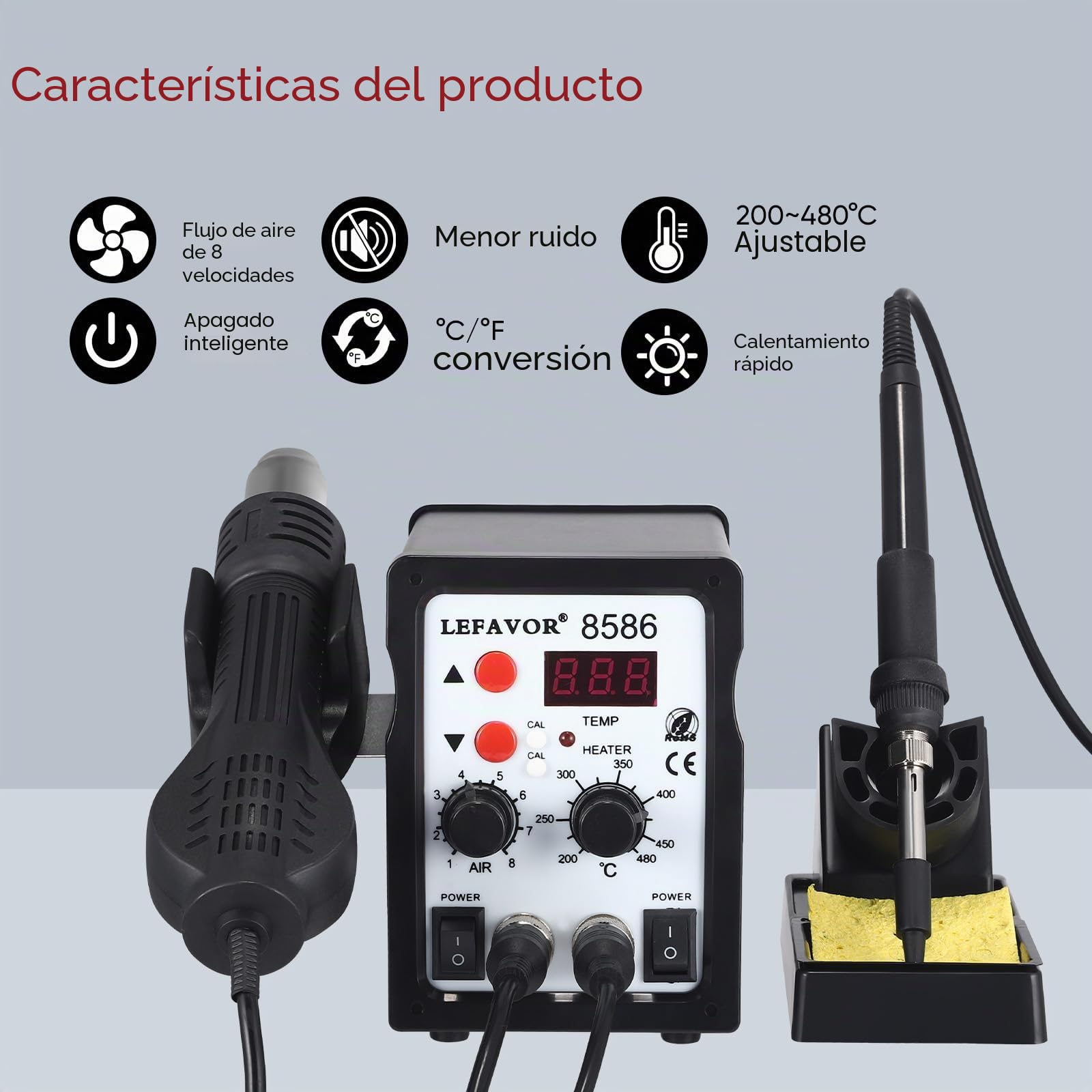 Towwoo Estación de Soldadura 2 en 1 con Aire Caliente, Conversión °C/ºF, Pantalla LED, Temperatura Ajustable 200-500℃, Soldador de Estaño para Reparación