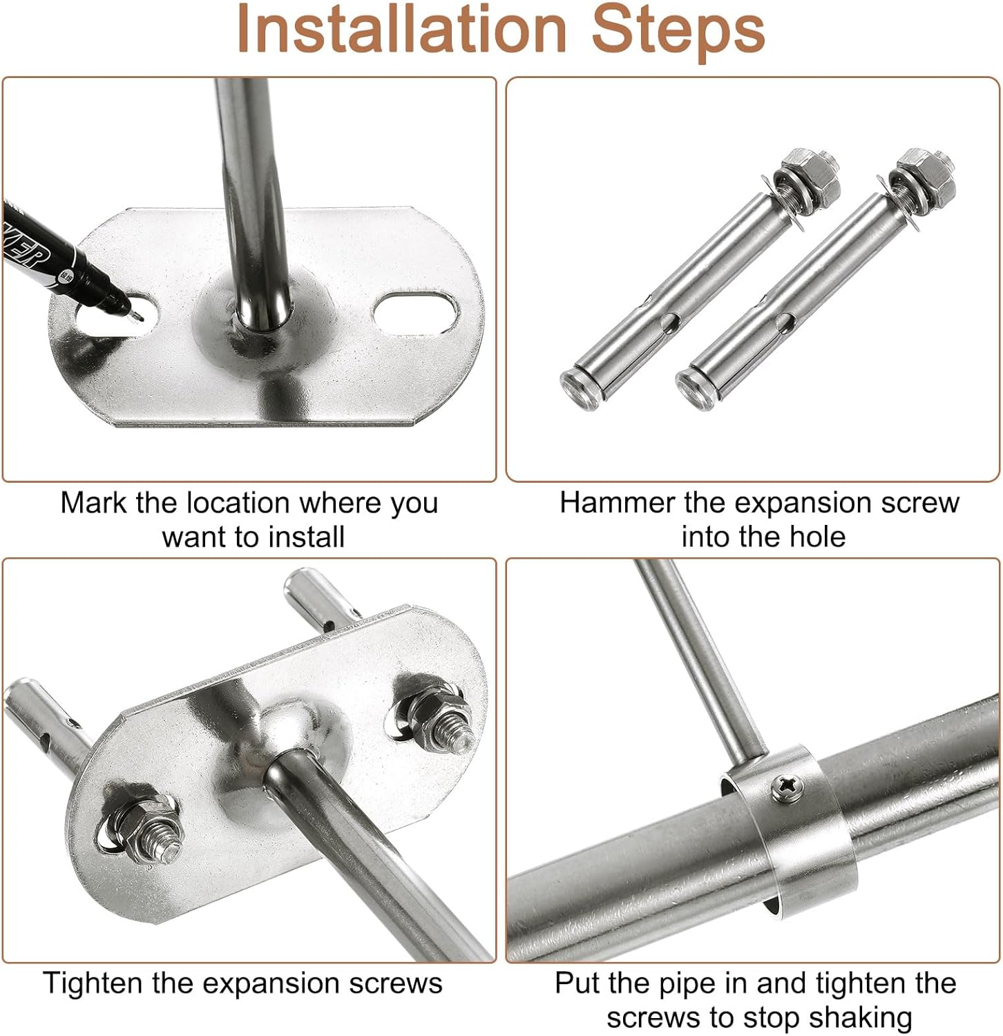 uxcell 4 Pcs Ceiling Mount Bracket, Wardrobe Pipe Bracket, 0.98 Inch Dia, Shower Curtain Closet Wardrobe Rod Lever Support Holder Pipe Flange Socket 19.68 Inch Height