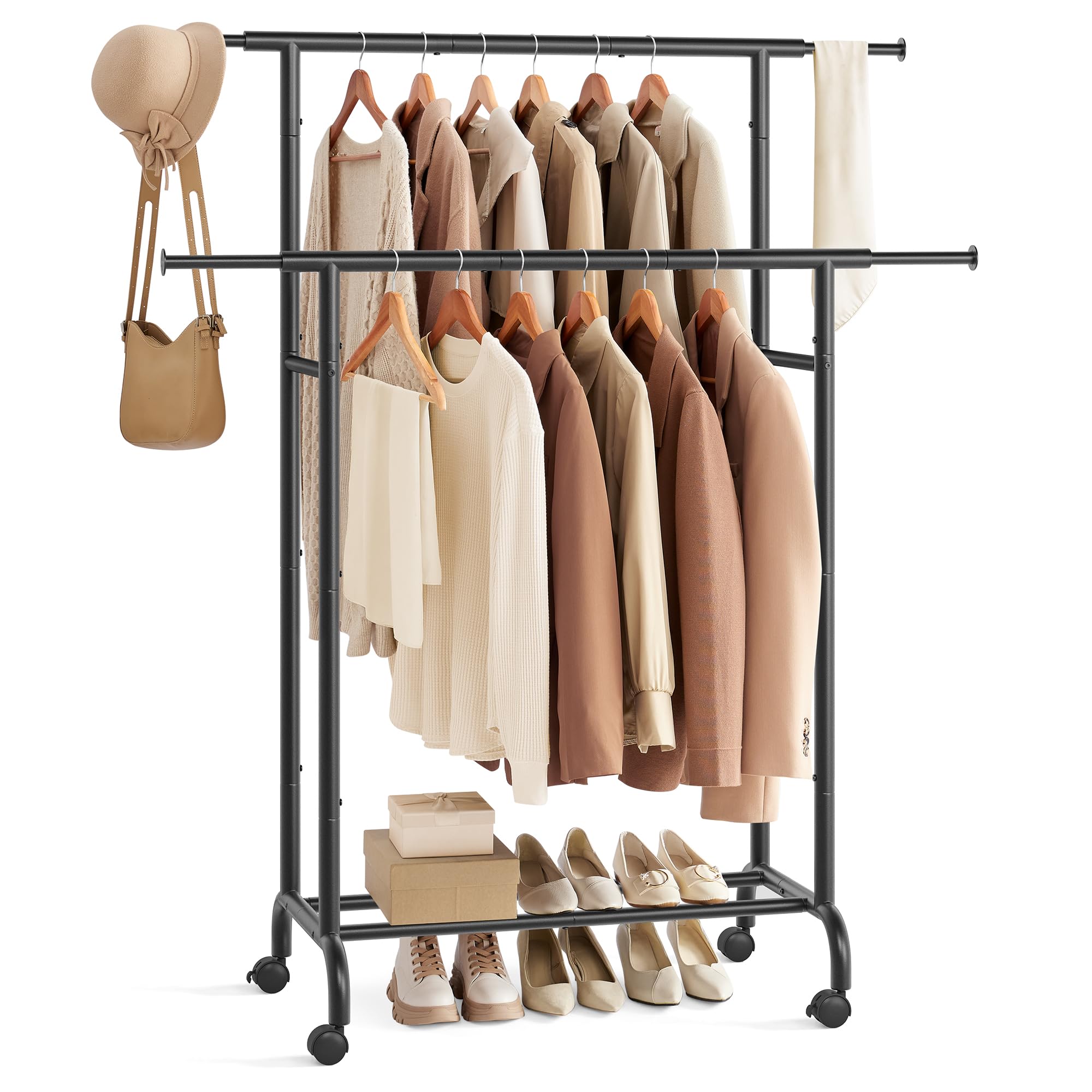SONGMICS Clothes Rail, Double Clothes Rack on Wheels, Extendable Garment Rack, Heavy-Duty Metal Frame, 80 kg Total Max. Load, 83-120 cm Wide, Ink Black HSR133B01