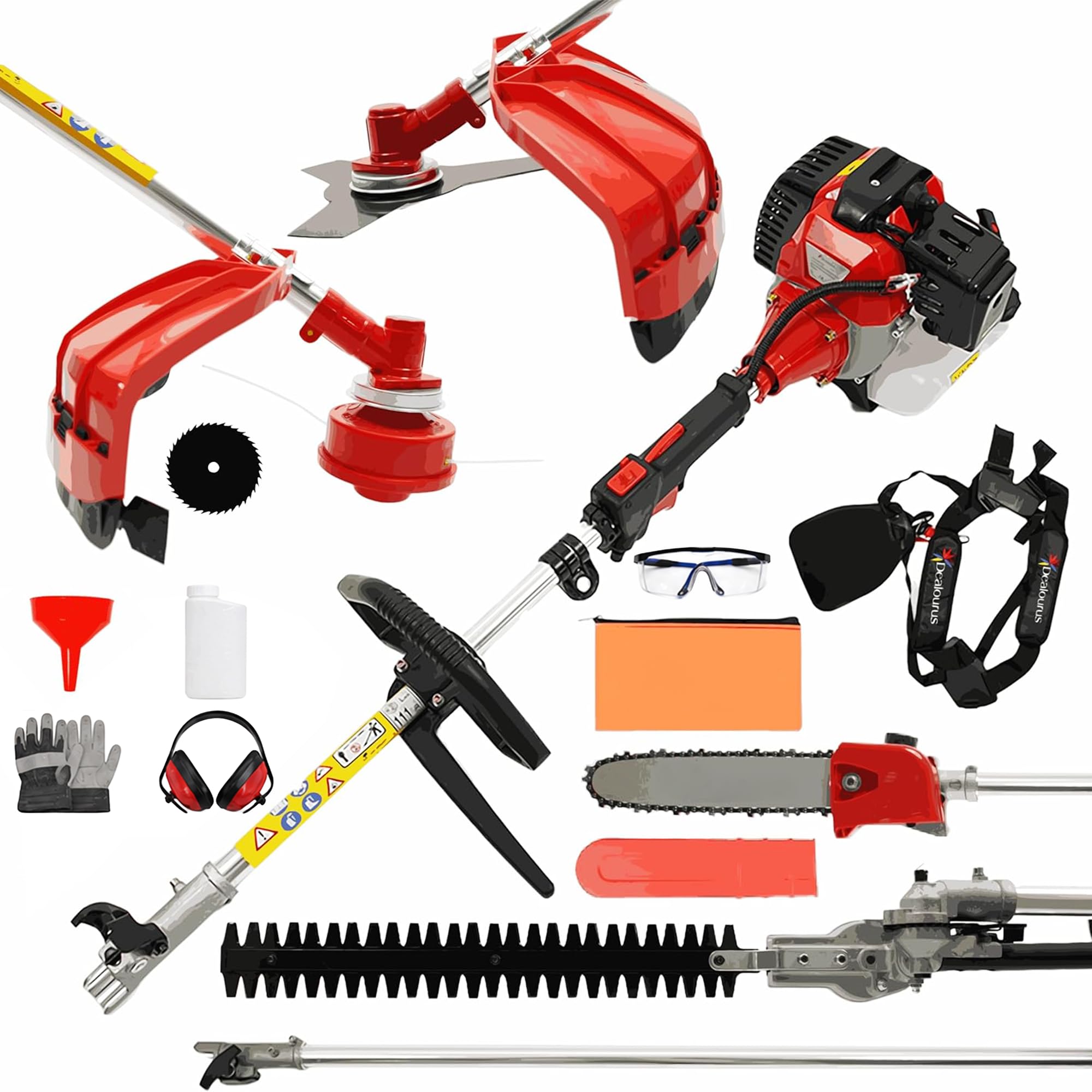 52cc 5 in 1 Multi Function Garden Tool Petrol Strimmer Hedge Cutter Chainsaw Trimmer Pruner & Extension Pole Recoil start