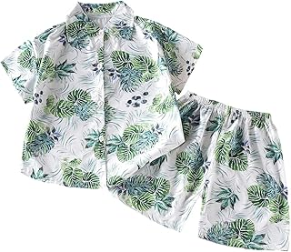 Traje de niño con cierre tropical y de botones, camisa de manga corta, pantalones cortos, traje de verano, transpirable, traje de playa con palmeras para niños, verano y vacaciones