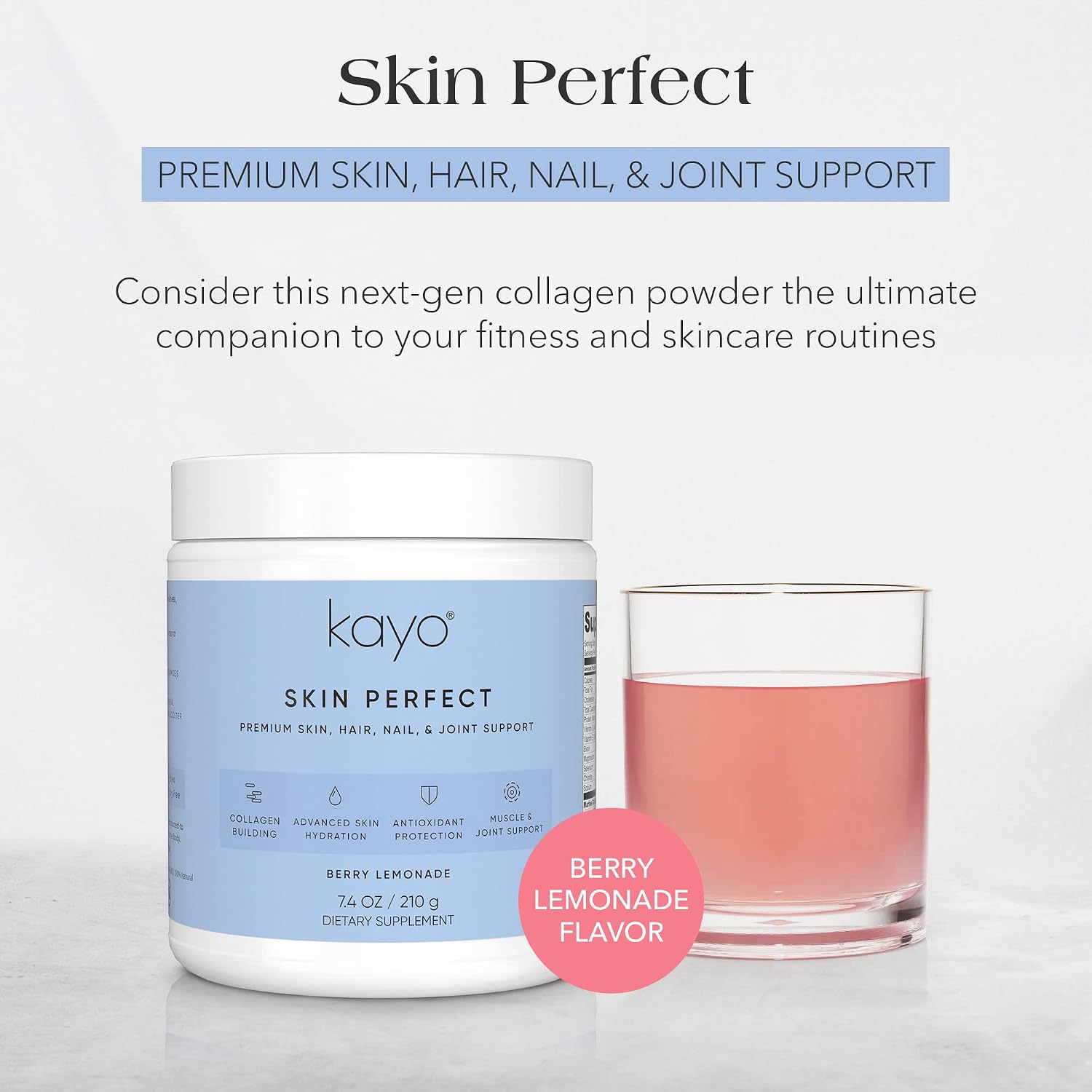 Kayo Skin Perfect Marine Collagen Powder Plus | Hydrolyzed Marine Collagen | Premium Skin, Hair, Nail & Joint Support | Refreshing Berry Lemonade Flavor