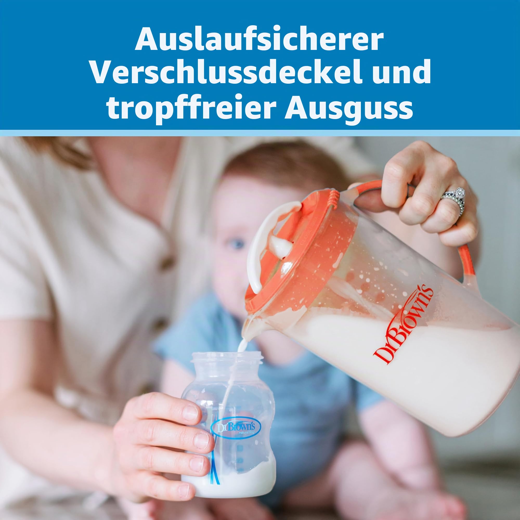 Dr. Brown's Baby Formula Rührkrug mit verstellbarem Stopper, verschließbarem Deckel und tropffreiem Auslauf, 900 ml, BPA-frei, Blau