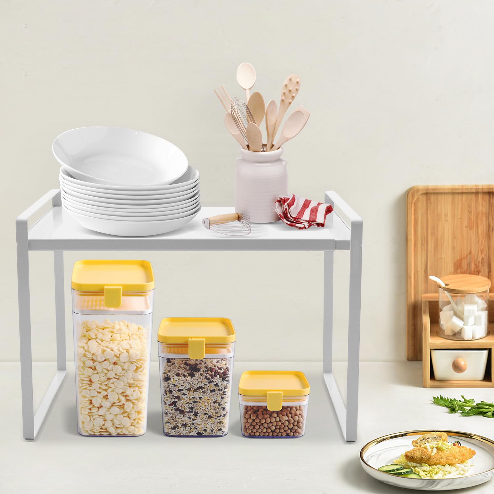 Scaffale da cucina espandibile regolabile, scaffale telescopico per armadi e controsoffitti, soluzione di archiviazione da 34-63 cm, sistema di mensole bianche per la massima efficienza di spazio