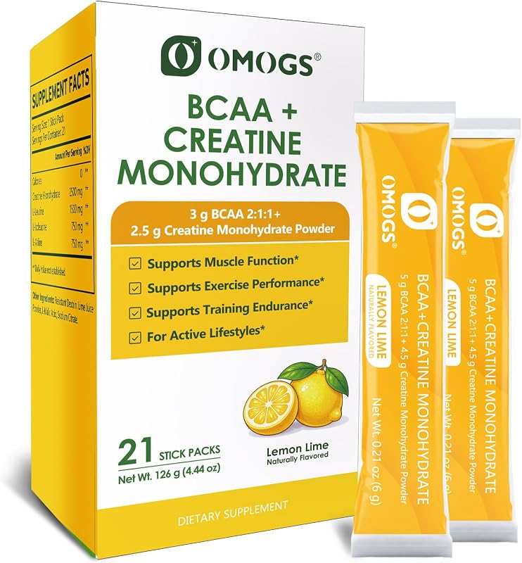 OMOGS Creatine Monohydrate + BCAA Powder, Supports Muscles, Energy, Strength, ATP Production & Endurance, for Women & Men, Keto, Vegan, Gluten-Free