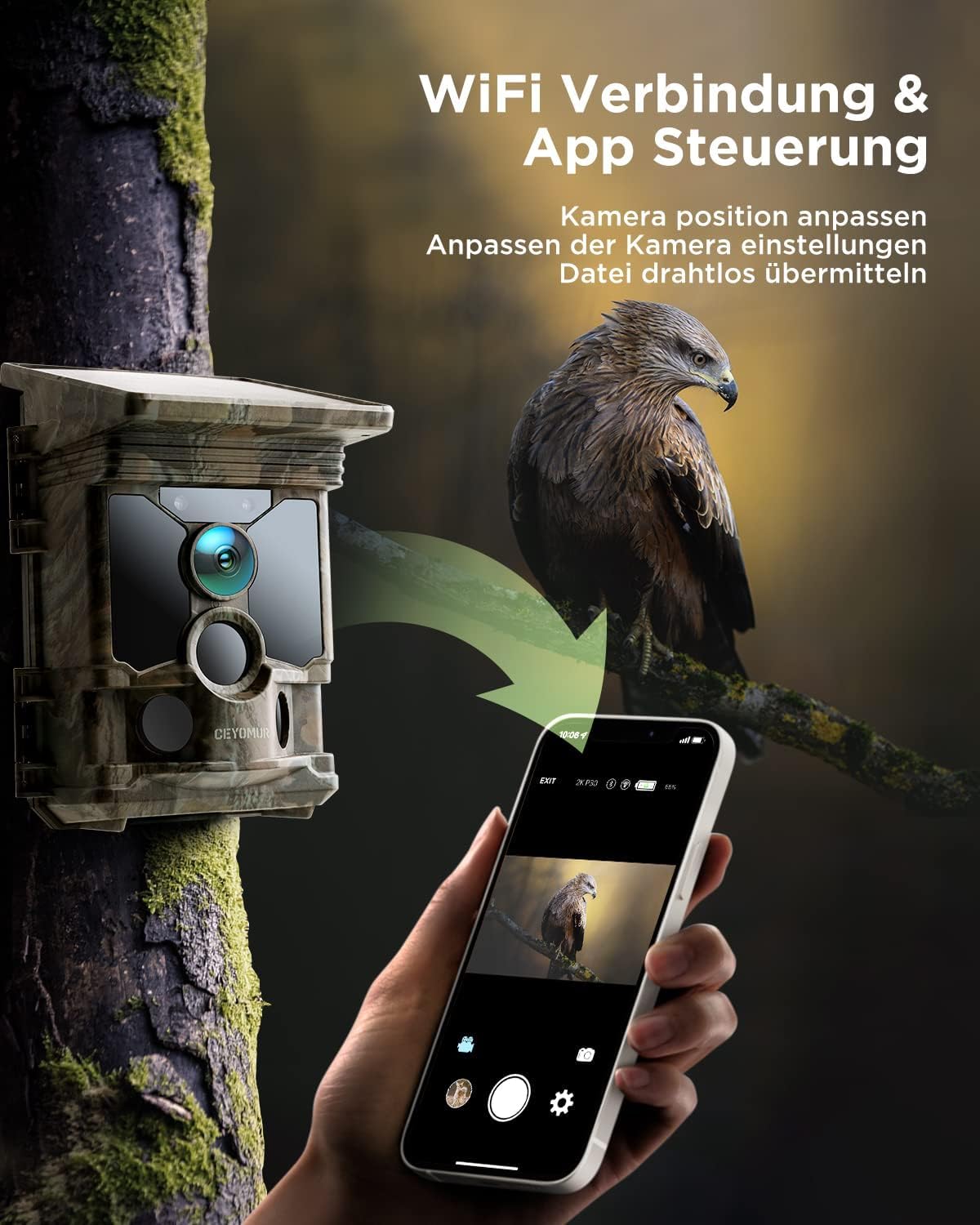 CEYOMUR Solar WLAN Bluetooth Wildkamera Handyübertragung, 4K 30fps 46MP Jagdkamera, mit Bewegungsmelder Nachtsicht IP66 Wasserdicht für Wildtier Überwachung mit U3 32GB Micro SD-Karte
