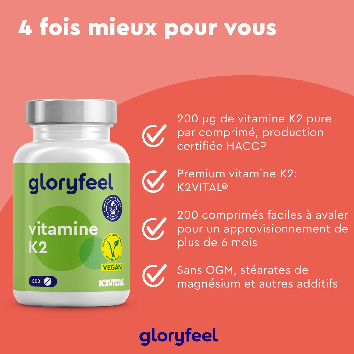 Vitamine K2 MK7, 200 Comprimés, 200µg par Comprimé Hautement Dosé, Premium Menaquinone 99.7+% All Trans MK7 (K2VITAL®), Vit K2 Supplément pour les Articulations et Cartilages*, Sans Additifs