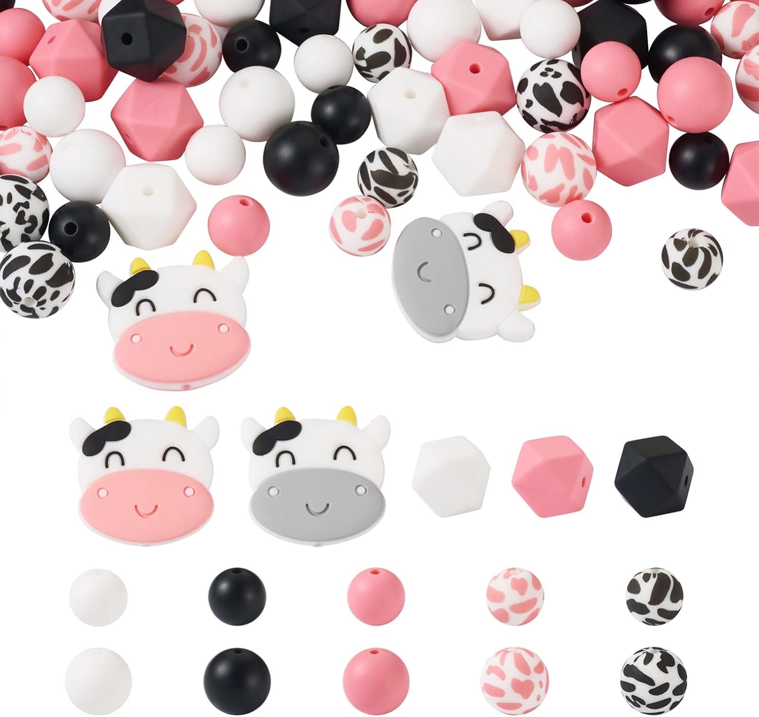 Craftdady 100Pcs 12-15mm Round Silicone Beads 15 Styles Octagon Beads Cow Animal Beads Cabochons Rubber Silicone Loose Beads Bulk for Beadable Pens Jewelry Making