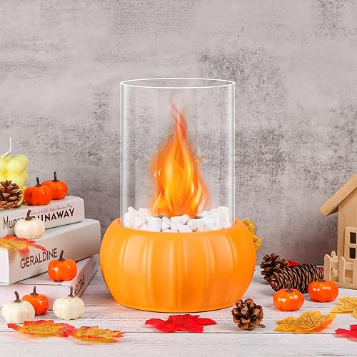Fogata de mesa, portátil, de etanol, con piedras blancas, hojas de arce y calabaza, para interiores y exteriores, mini chimenea sin humo para el