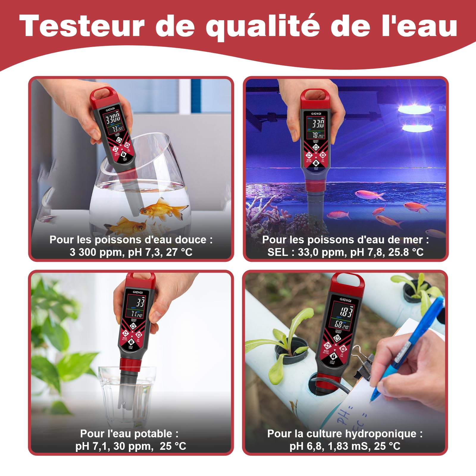 Testeur de sel pour piscine, Testeur de pH 5 en 1 avec écran couleur,Affichage simultané du pH, de la salinité et de la température,Convient aux piscines, aquariums, spas et hydroponiques