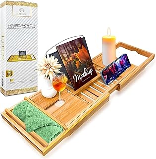 صينية حمام فاخرة مع حواف ذهبية من ازوليت - مصنوعة من الخيزران - كاملة مع حامل للكتب/التابلت، حامل كؤوس النبيذ، وتصميم فريد قابل للتمدد