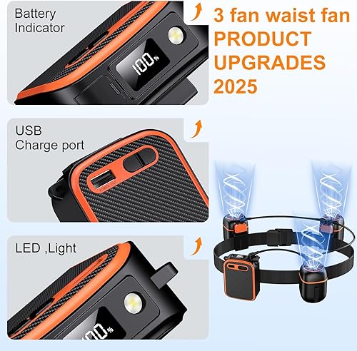 Miniatura 5 de Ventilador de cintura portátil con 3 ventiladores pequeños para viento fuerte 10 veces y amplia área de enfriamiento, batería de 10000 mAh durante