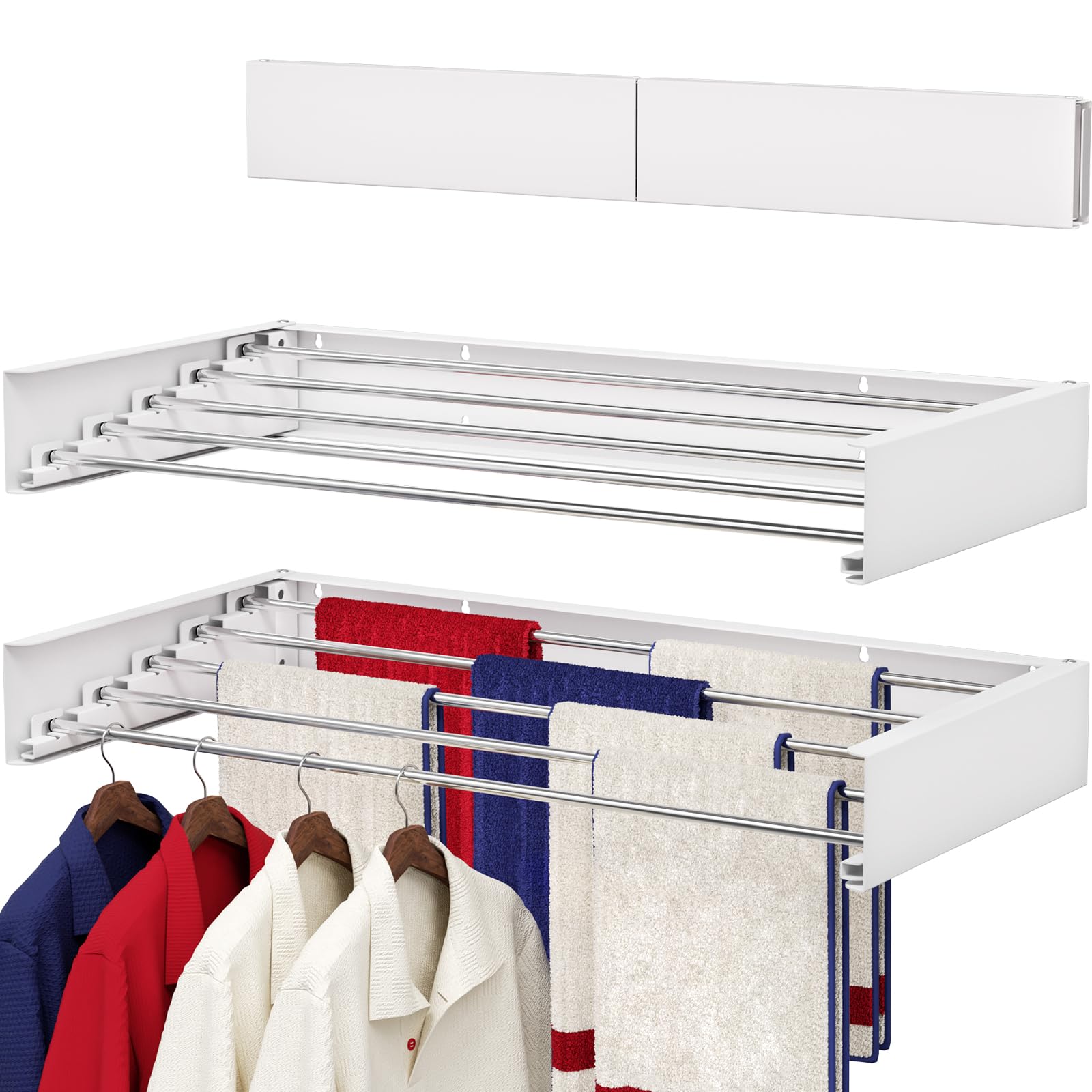 Wall Mounted Drying Rack 31.5", Foldable Laundry Drying Rack with Stainless Steel Rods, Retractable Laundry Space Saver for Indoor & Outdoor Use, Include Wall Template
