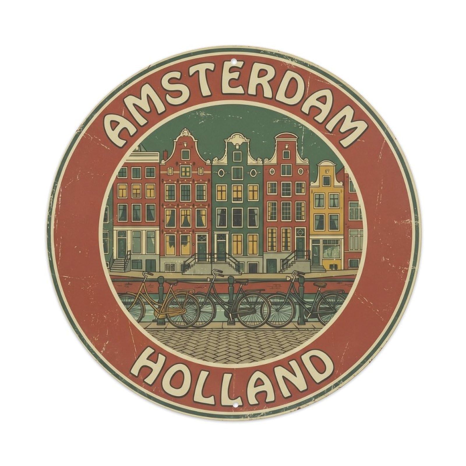 Amsterdam Holland European City Landmark Classic Europe Metal Tin Sign Plaque Wall Decor for Cafe, Man Cave, Club Bar, Office, Home Garden Round Metal Poster 8x8Inch