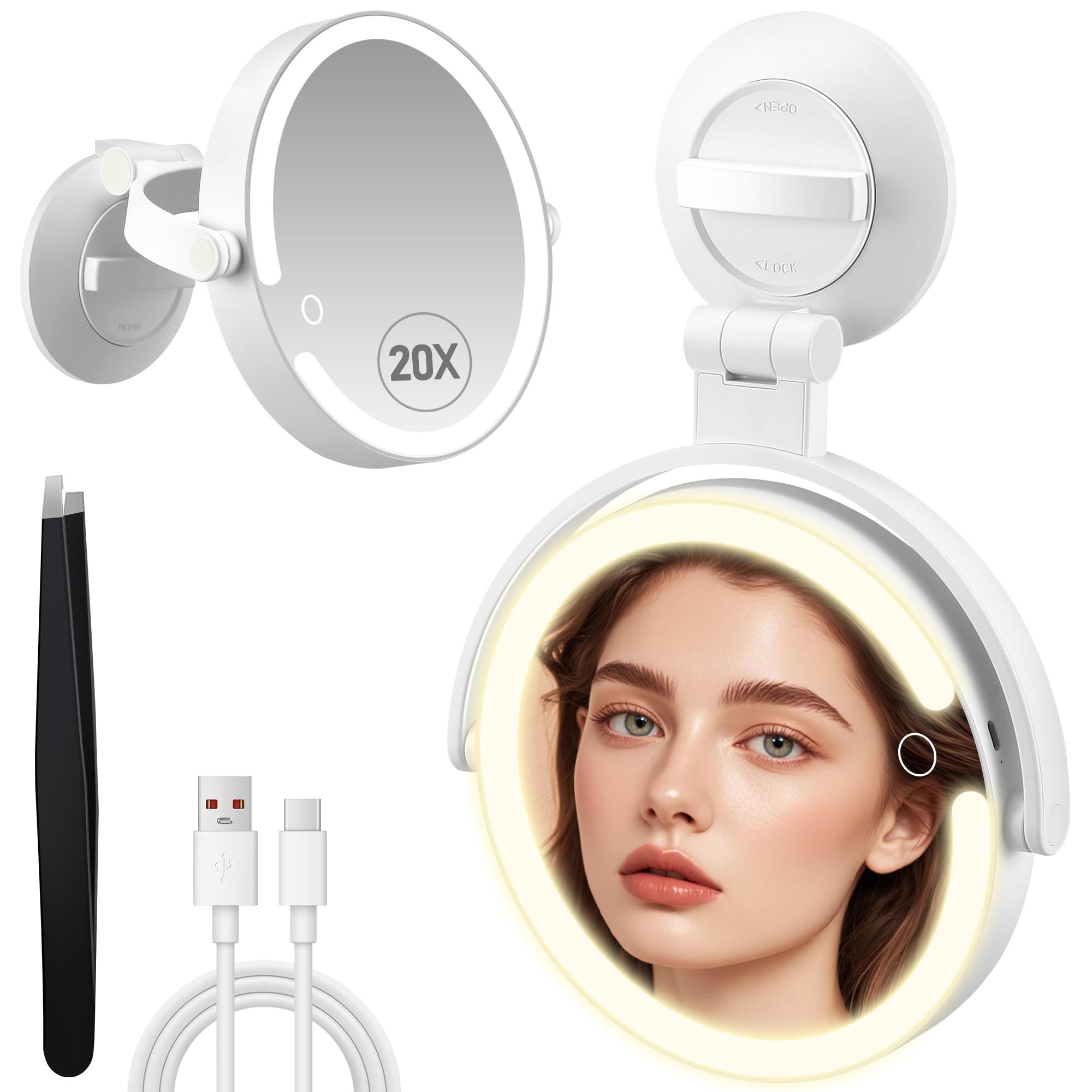 Espejo de aumento con luz 20X, espejo de baño LED con 3 modos de iluminación, espejo de maquillaje montado en la pared, espejo recargable con luces y ventosa, para el hogar, baño, viajes