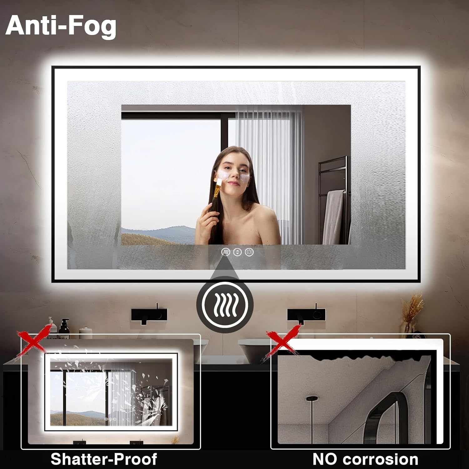 55x36 LED Bathroom Mirrors for Wall -Black Aluminum Trim (Front and Backlit), Anti-Fog Light Up Mirror,Stepless Dimmable Lighted Mirror,3 Colors Smart Mirror(Horizontal/Vertical)