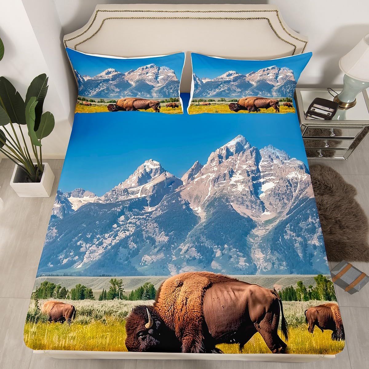 Feelyou Cute Buffalo Bed Sheets Set Full Size Wild American Bison Sheet Set 3D Wild Animal Prairie Ranch North American Mountain Sheets with Deep Pocket Fitted Sheet for Room Decor Blue Bedding Set