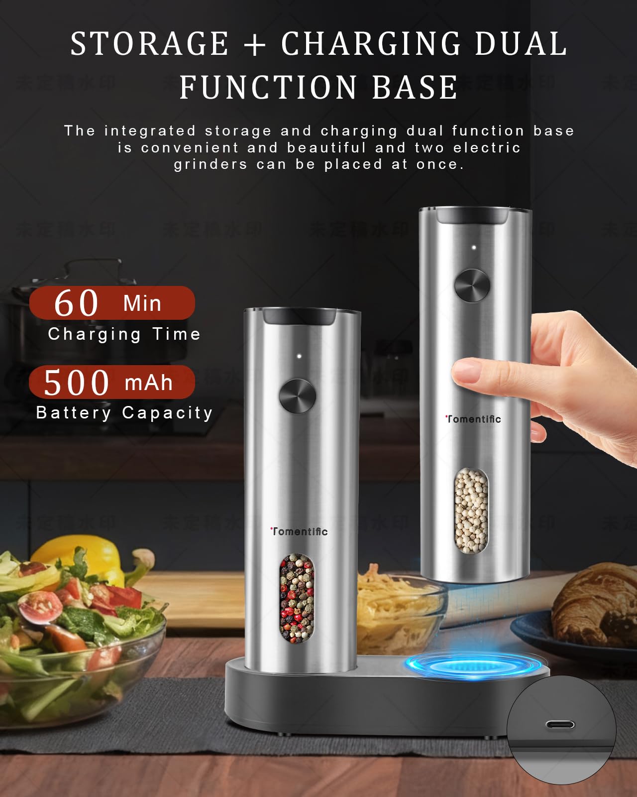 Set macina sale e pepe elettrico con base ricaricabile, grande capacità, set di macinapepe ricaricabile con luce LED e grana regolabile, ideale per cucina, all'aperto, barbecue e regali