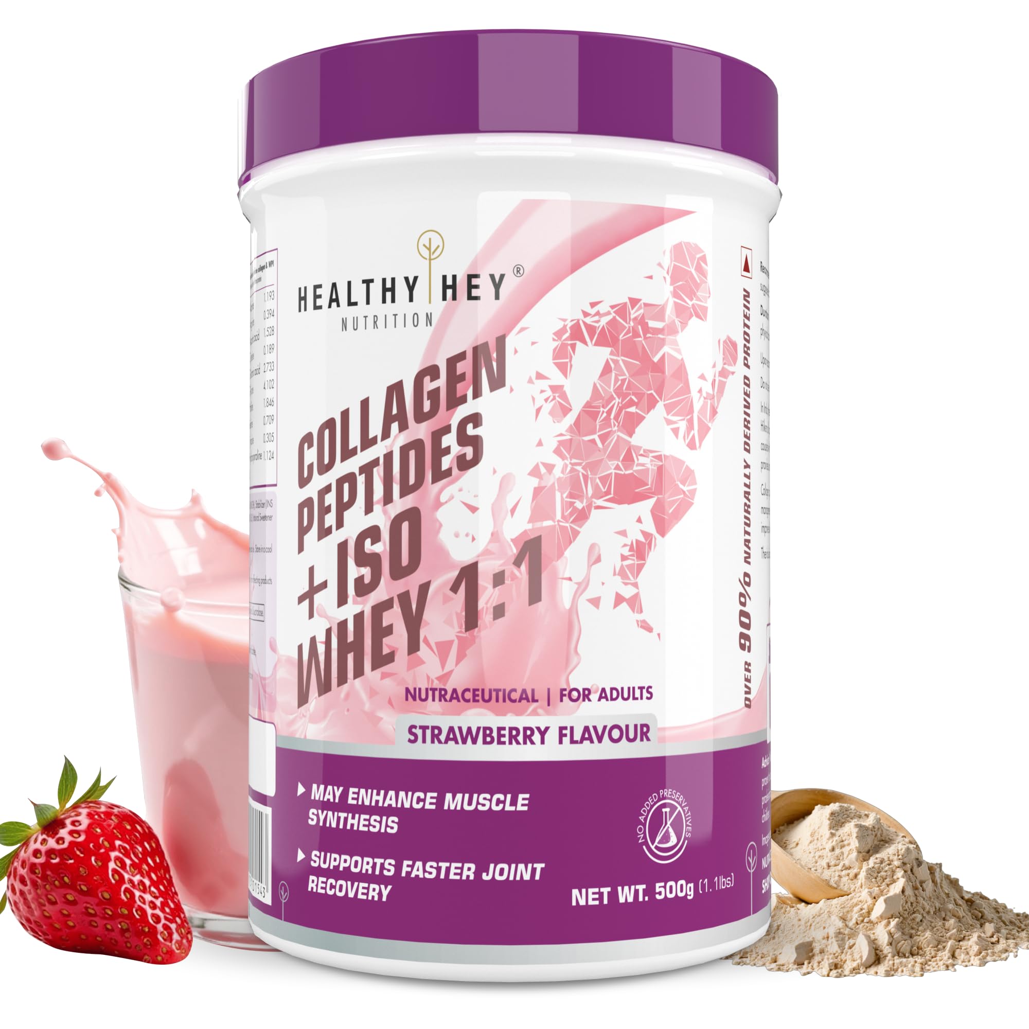 HealthyHey Nutrition Collagen Whey Protein 1:1 for Fitness, Joint & Glow - EAA 9g + BCAA 2.5g - Lactose Free, Gluten Free (Strawberry, 500g)-image-36
