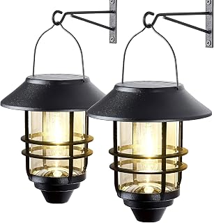 2-Pack Waterproof Solar Hanging Wall Lanterns - Glass Metal, Warm White 3000K Auto Dusk-to-Dawn Lights for Porch Garden Patio Fence
