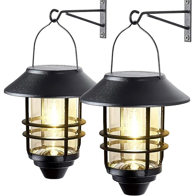 2 Pack Solar Lanterns Outdoor Hanging Solar Lights for Outside Glass Metal with Wall Mount Bracket Waterproof Auto