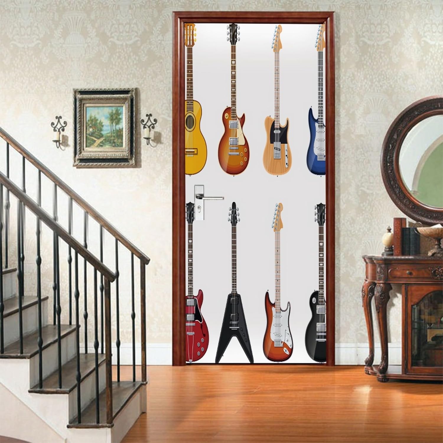 A.Monamour 3D Door Stickers for Interior Doors Guitars Pattern on White Background Vinyl Waterproof Self Adhesive Door Mural Decals for Bedroom Office Bathroom 77x200cm