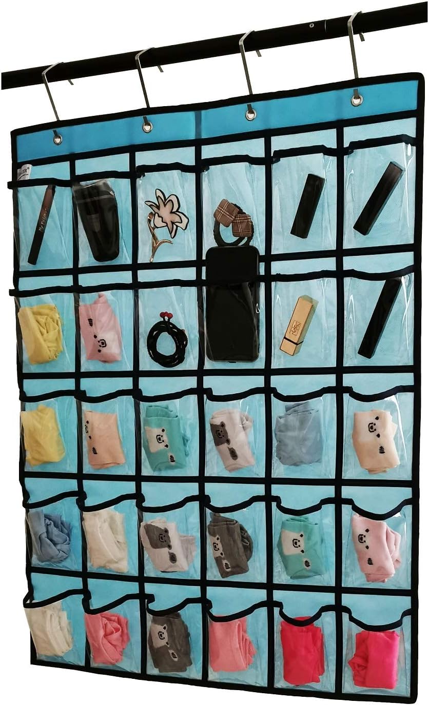 ANIZER Classroom Pocket Chart for Phone Calculator Holder Over The Door Hanging Closet Jewelry Organizer with 30 Clear Pockets (Blue)