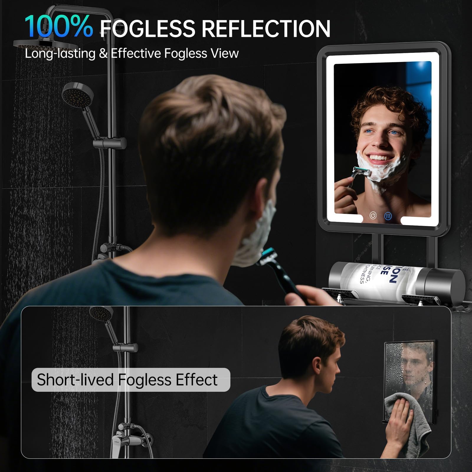 COSMIRROR Miroir de douche sans buée pour rasage avec supports de rasoir, sans perçage, 3 couleurs à intensité variable – Grand miroir de douche anti-buée avec lumière incassable et étanche pour homme