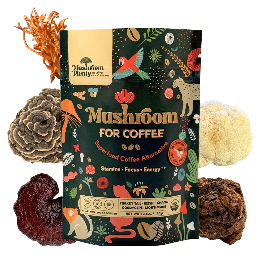 Mushroom Plenty 5 Mushroom Extract Powder | Pure Fruiting Body, No Mycelium Fillers | Lion’s Mane, Reishi, Chaga, Cordyceps, Turkey Tail | Caffeine-Free Coffee Alternative & Nootropic for Focus, Energy & Immune Support | Vegan, Non-GMO, Gluten-Free