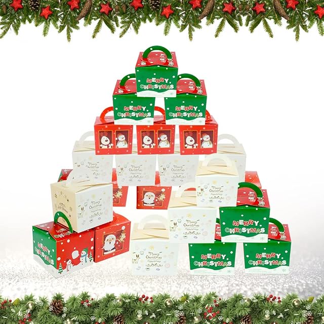 BUENTYA 24PCS Christmas Candy Boxes, 3 Styles Treat Favor Boxes Christmas DIY Gift Box Xmas Party Paper Treat Candy Boxes with Handle for Xmas Treats, Small Gifts, Candies & Cookies(9.5 * 9.5 * 8cm)
