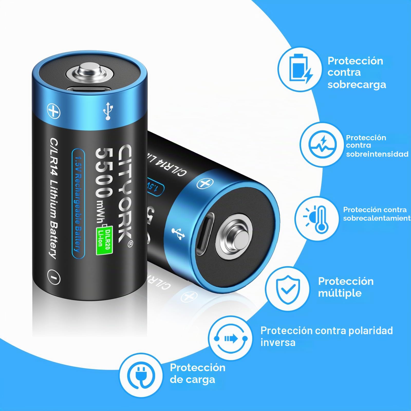 CITYORK Batería C Recargable USB de 1,5 V 5500 mWh (Paquete de 8), Baterías Baby C de Iones de Litio Recargables con USB-C, Carga Menos de 2 Horas, Más de 1000 Ciclos, con Cable de Carga Tipo C, Carga