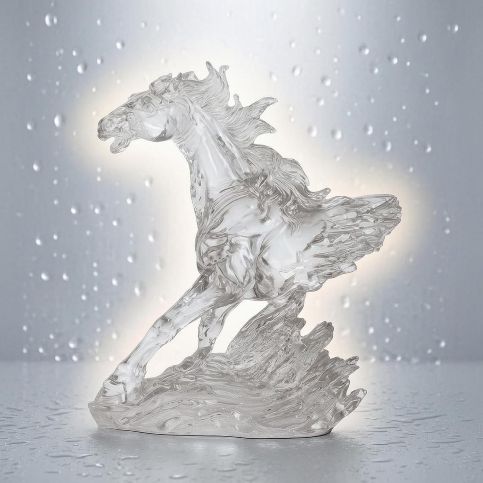 F Fityle Estatua Caballo Resina Escultura Figurilla Ornamento Decorativo Aspecto Similar al Cristal con Postura Erguida y Detalle en la Peana Adecuada para Sala Oficina Entrada Estanterías, Gris