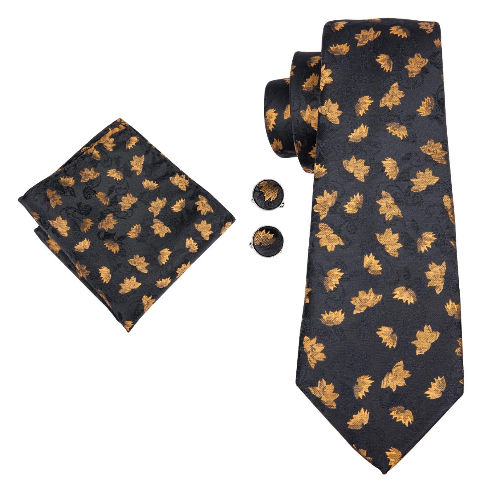 Neckties Set Neck Ties For Man 100% Silk Black Jacquard Woven Ties Pocketware Cufflinks Set Neckties