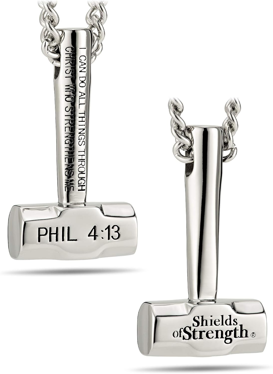 Shields of Strength Men's Stainless Steel Sledgehammer Pendant Necklace - Philippians 4:13