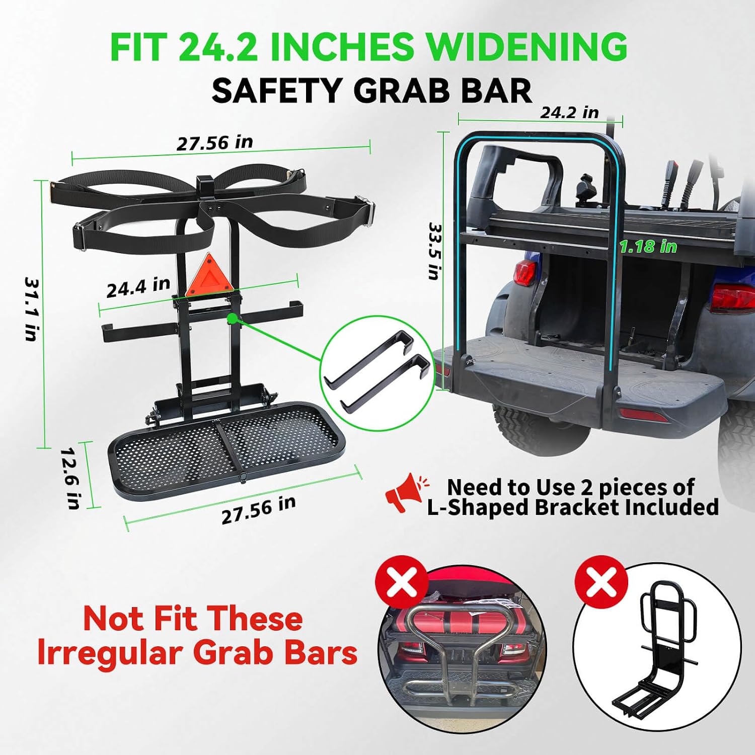 4-in-1 Foldable Metal Steel Golf Cart Rear Seat Bag Holder, Upgraded Stepboard Rack Attachment for EZGO Club Car Yamaha, Fits Normal 8'' Wide & 24.2" Widening Safety Grip Bar, No-Drill