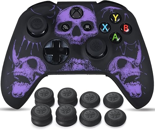 1 funda de silicona tallada con láser para Xbox One SX Controller (calaveras púrpura) con empuñaduras exclusivas para el pulgar x 8
