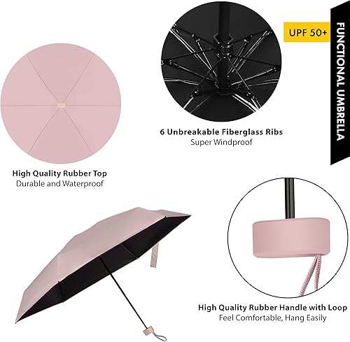 Miniatura 3 de Mini paraguas para viajes, paraguas pequeño para bolso con funda para sol y lluvia, paraguas con protección UV, paraguas ligero y compacto para