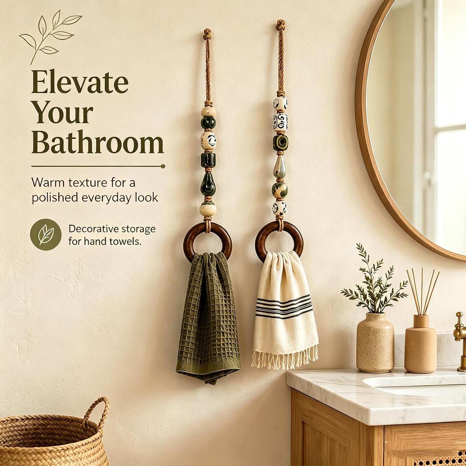 Decorative Beaded Towel Hanger with Wooden Ring，#B*2