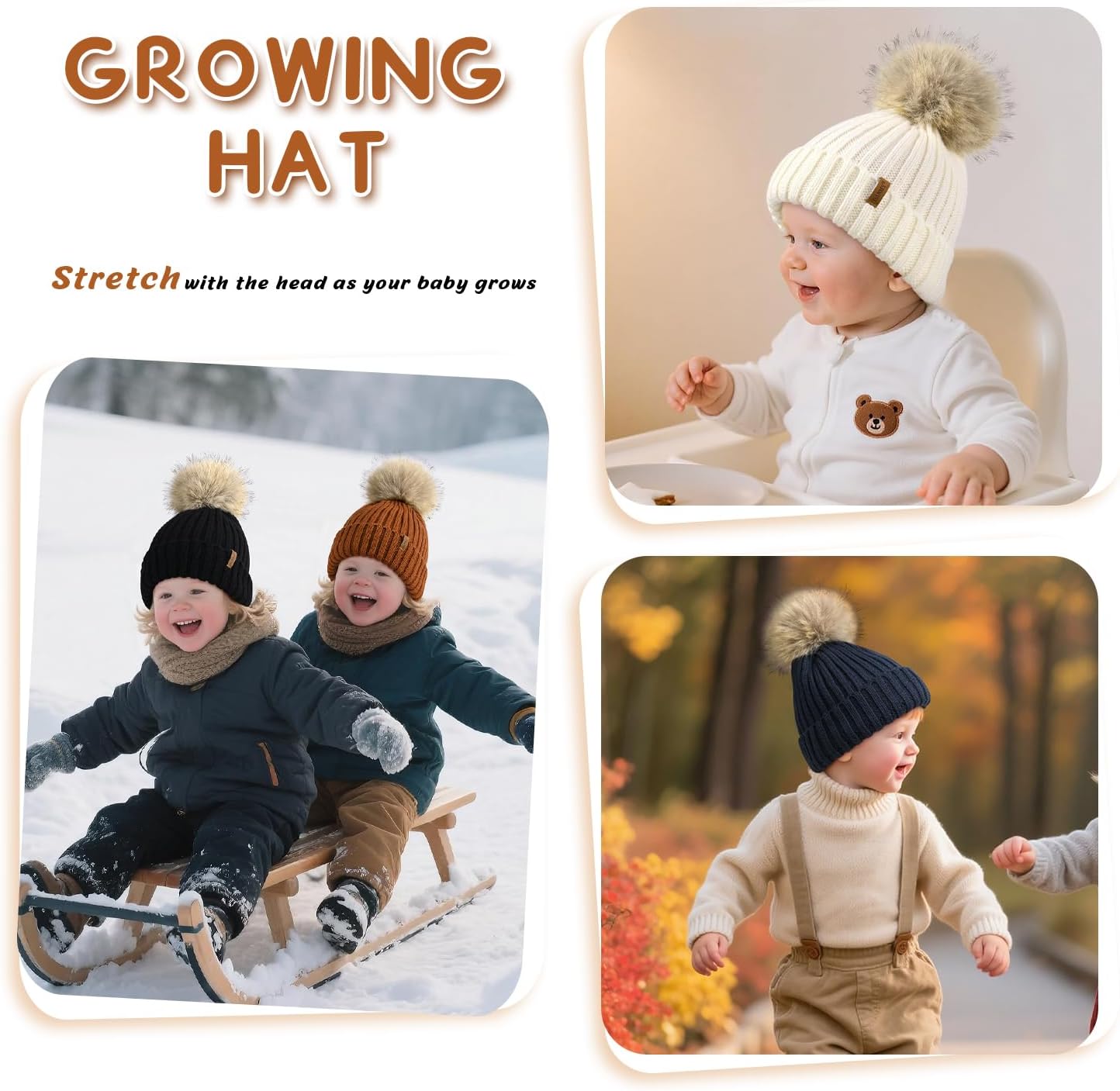 Kids Winter Hat Toddler Stretchy Knitted Beanie with Faux Fur Pom Poms Beanie for Baby Girls Boys - Image 7