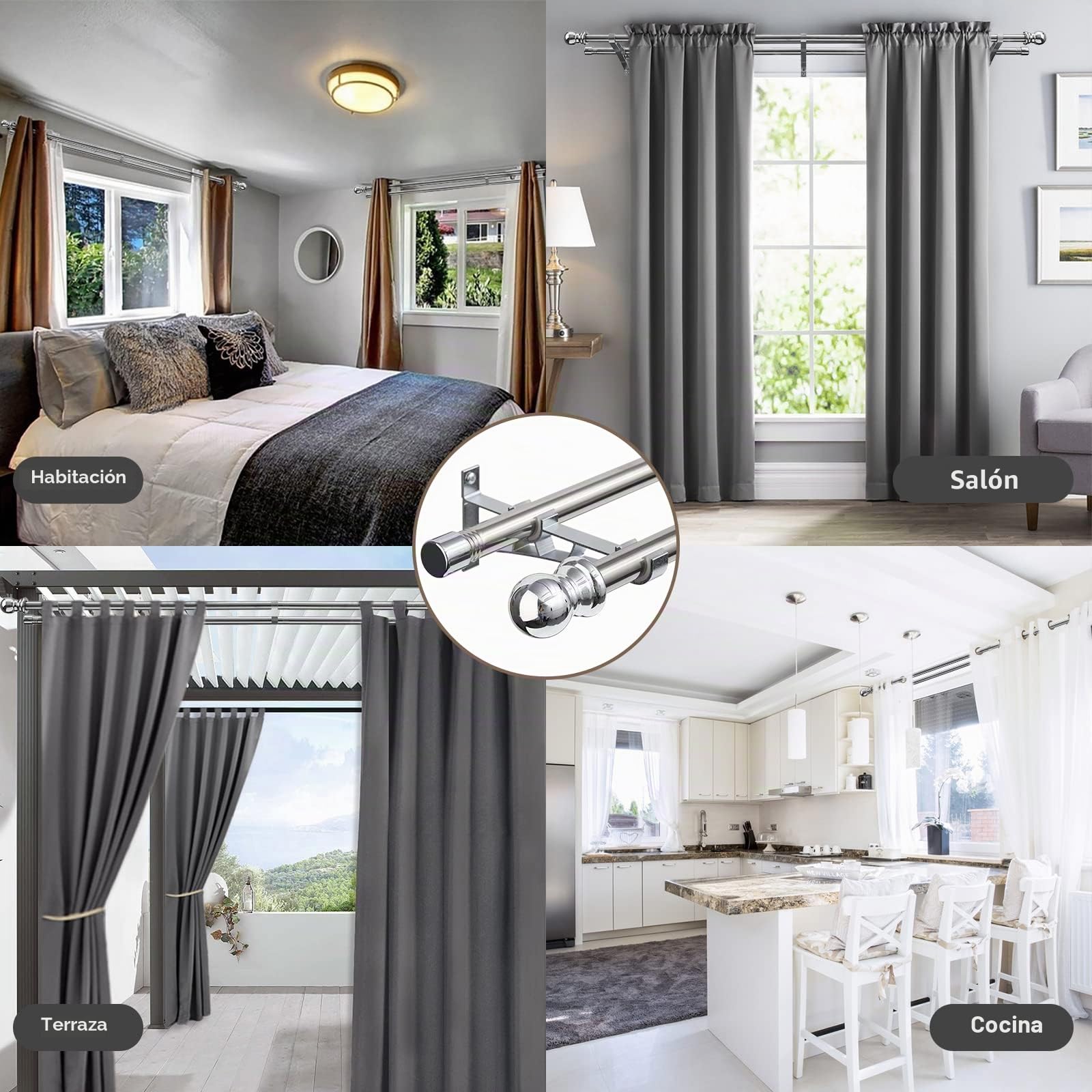 Barra de cortina de metal extensible, acero inoxidable plateado, 76-332 cm, barra de cortina de oscurecimiento para cortinas opacas y de gasa