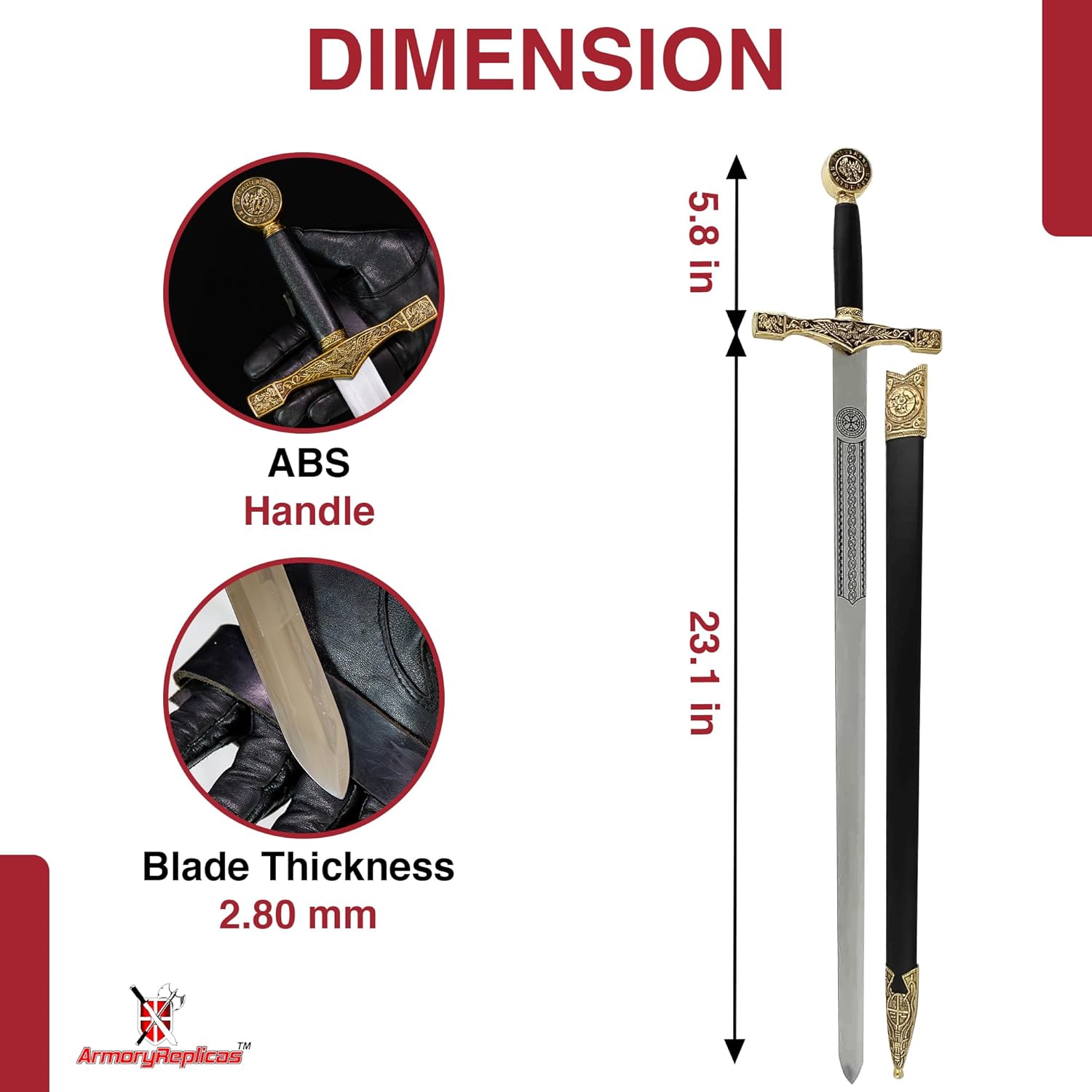 Armory Replicas™ - King Arthur Excalibur Replica Steel Blade Medieval Longsword - Gold Accents, Collectible Sword for Enthusiasts and Historical Replica Aficionados