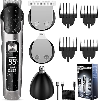 KDISHKRA Kit Tondeuse Multifonction 3-en-1 Barbe, Cheveux et Nez avec Écran LCD et Lames Inox