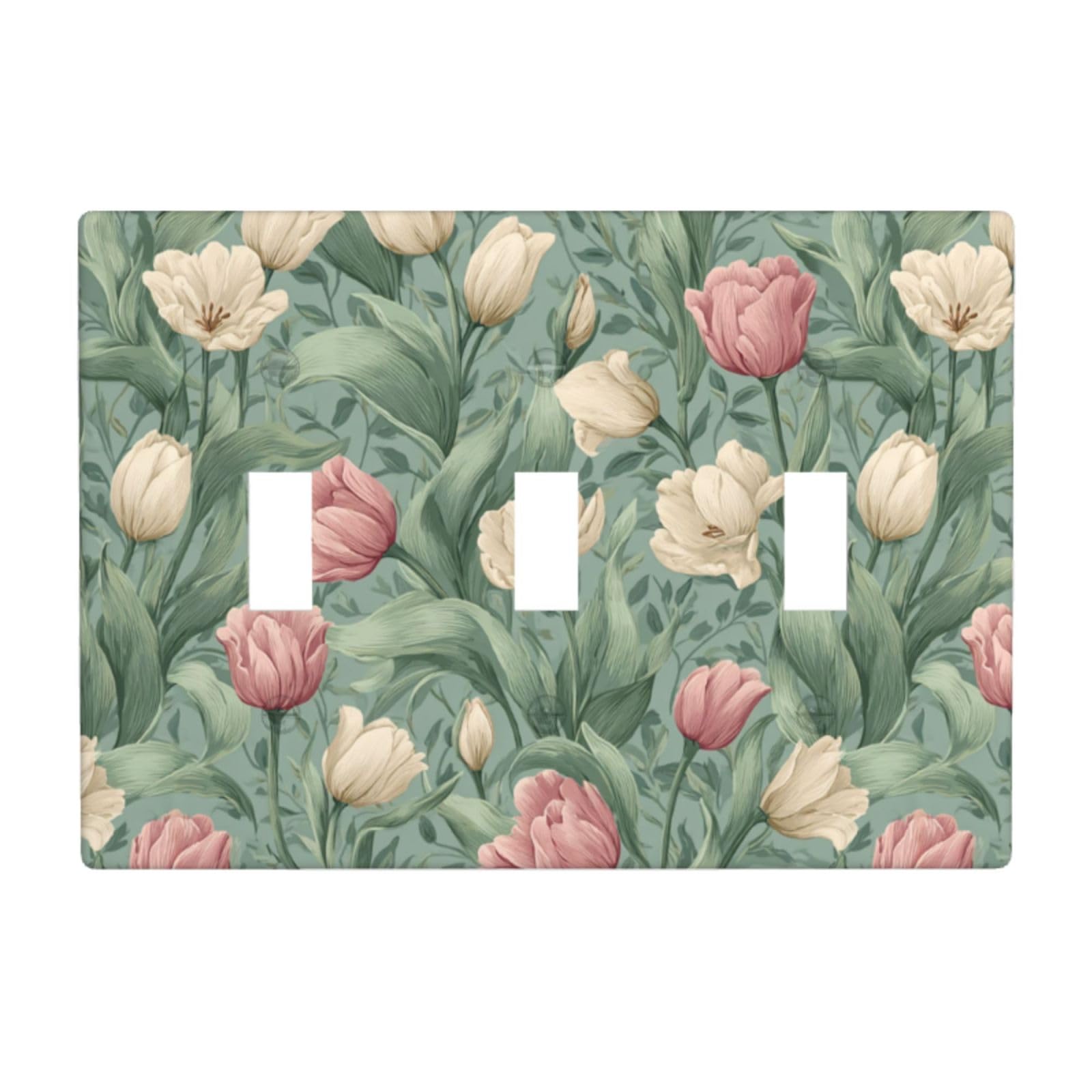 Cottagecore Tulip Pattern Soft Sage Green Leaves Light Switch Covers 3 Gang Triple Toggle Wall Plate Switchplate Electrical Faceplate for Bathroom Kitchen Bedroom Decor
