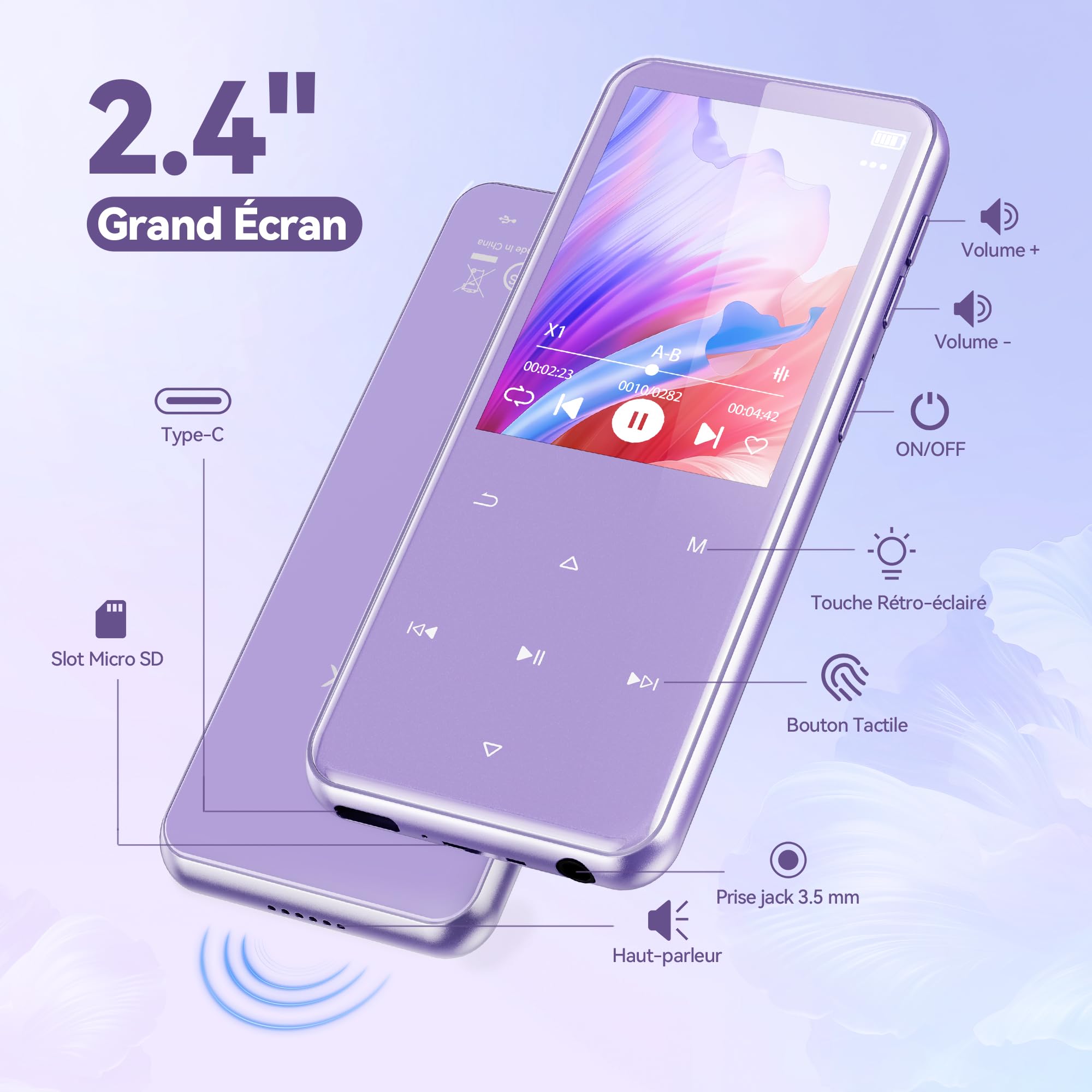 AGPTEK 64Go MP3 Bluetooth avec Haut-Parleur, 2.4" Grand Écran Lecteur MP3 en Métal Qualité Sonore HiFi Audio MP4 Baladeur Sport de Bouton Tactile Radio FM Enregistreur 60H de Musique - Violet et Rose