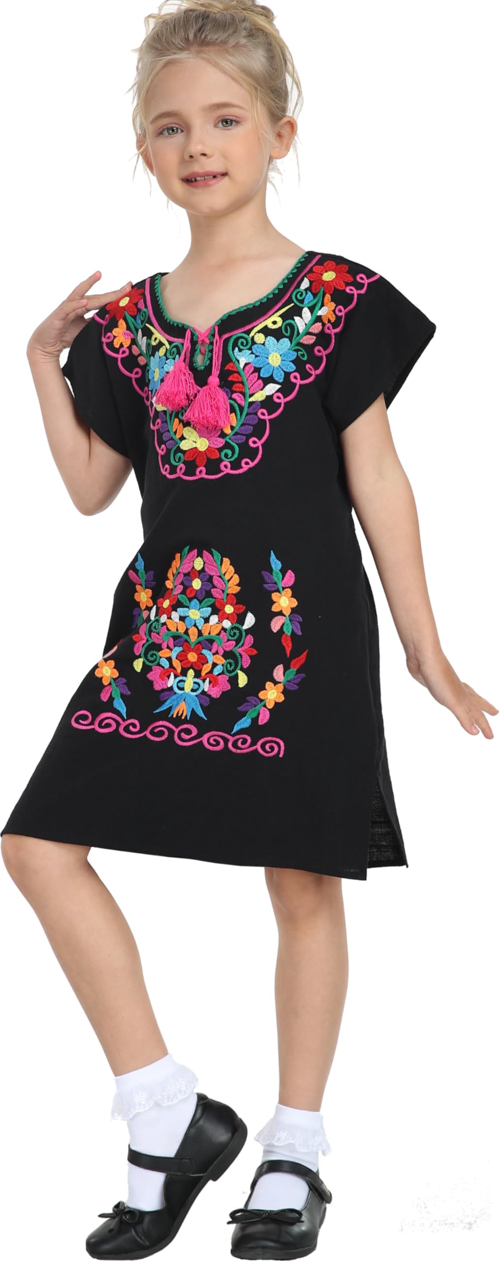YZXDORWJ Mexican Dress for Girls - Embroidered V Neck Kids Fiesta Floral Vestido Girl's Traditional Dress for Toddler