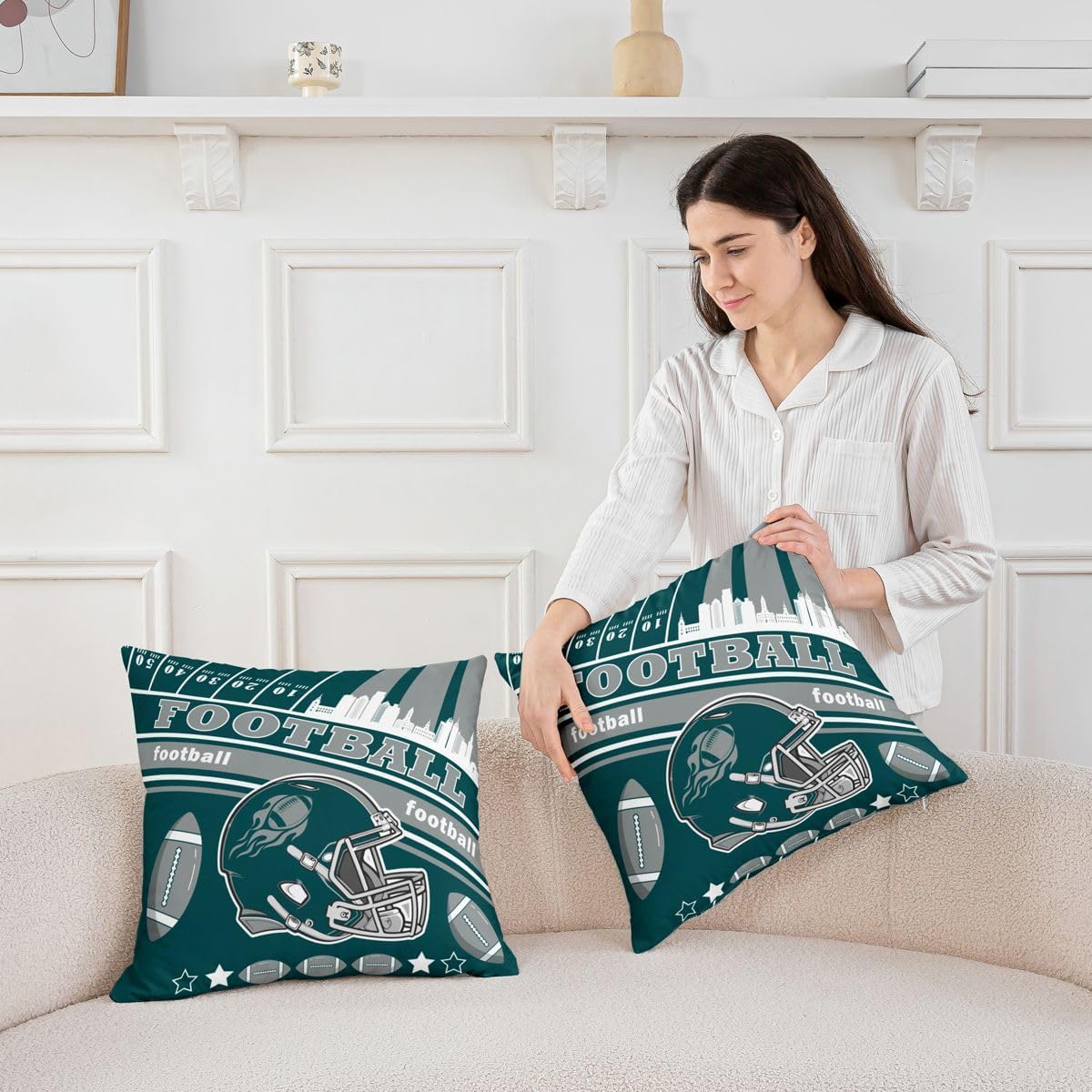 jejeloiu Football Square Cushion Covers Set of 4, 18 x 18-Inch, Rugby Sports Reversible Throw Pillow Covers Football City Decor Pillowcase Indoor Outdoor