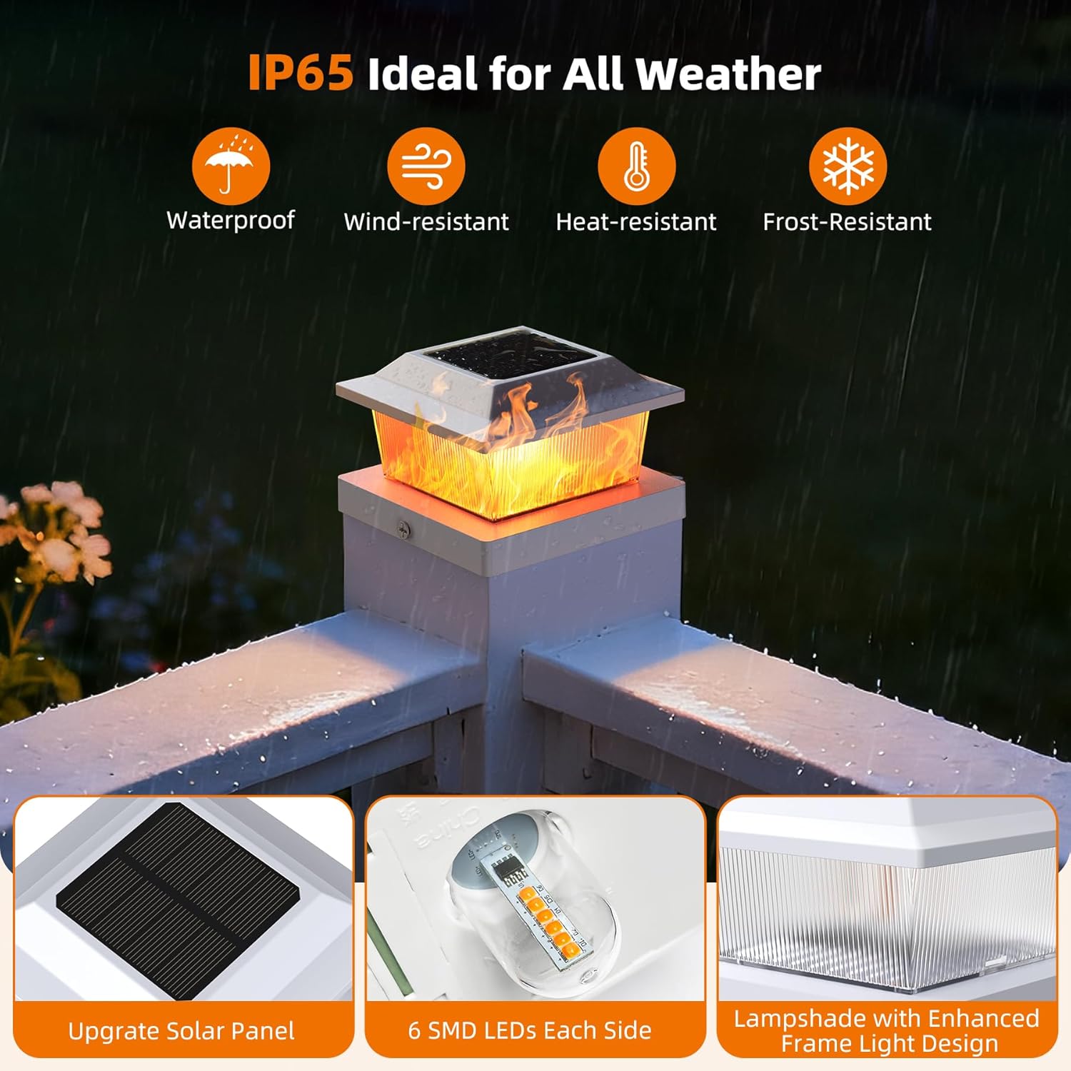 Solar Post Cap Lights, 6 Pack Outdoor Flickering Flame Light Fit for 3.5x3.5 4x4 5x5 Vinyl/Wooden Post, HIGT Brightness SMD LED Decor for Garden/Whiteyard - White