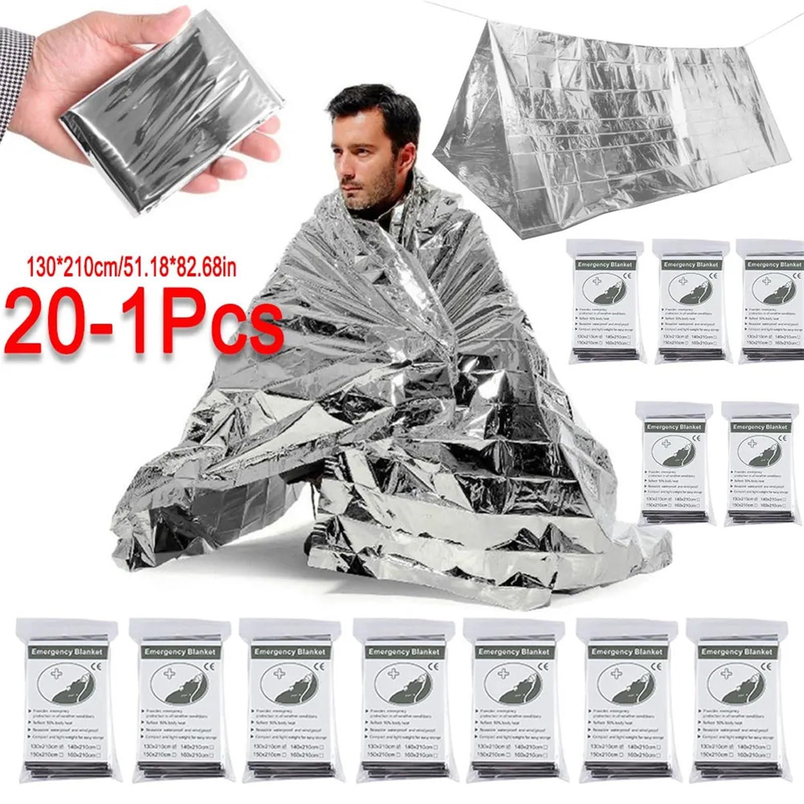 Manta de Emergencia for Exteriores, botiquín de Primeros Auxilios y Rescate, Manta térmica de Aluminio de 130x210cm for Campamento, 20-2 uds.(20 Pcs)