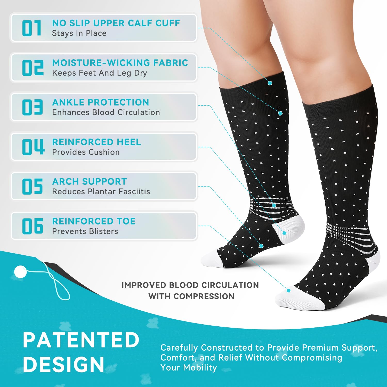 IRAMY Wide Calf Compression Ankle Support Socks 3 Pairs Plus Size Coolmax Wicking Knee High Nurse Running Diabetic Socks