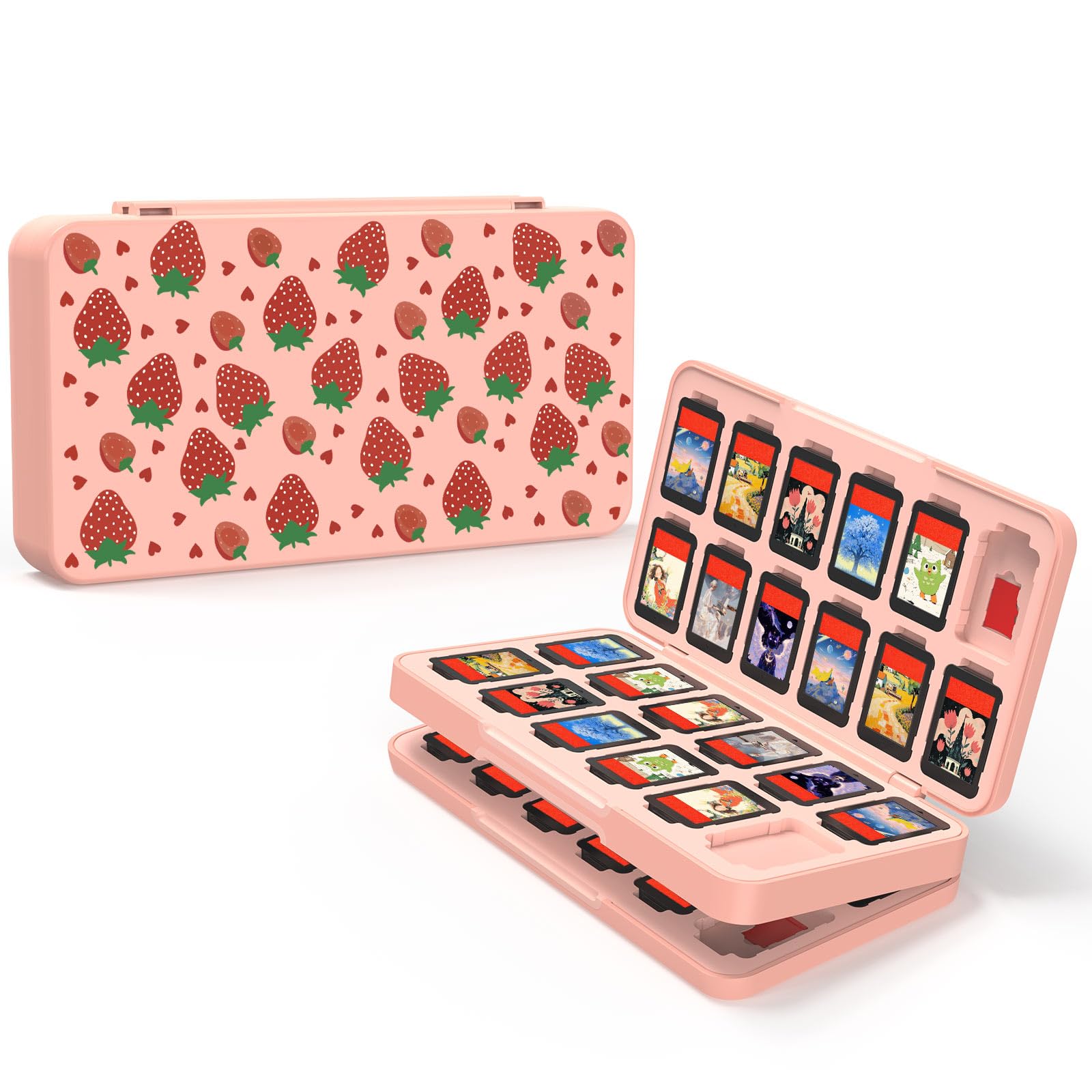 JEMDO 48er Spielkartenhülle kompatibel mit Nintendo Switch 2/OLED/Switch 2017, Aufbewahrung für 24 microSD-Karten, Hartschale ABS, TPU-Slots, Magnetverschluss, Erdbeer-Design Rosa